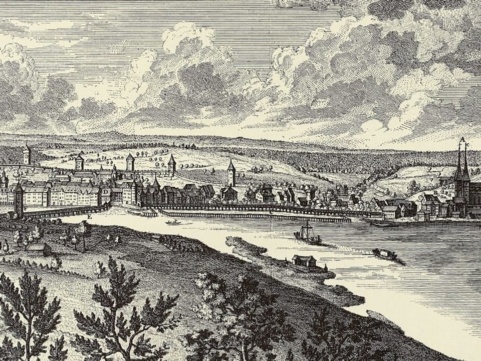 Kupferstich von 1758 mit Kapellbrücke, Hofbrücke und der Hofkirche.