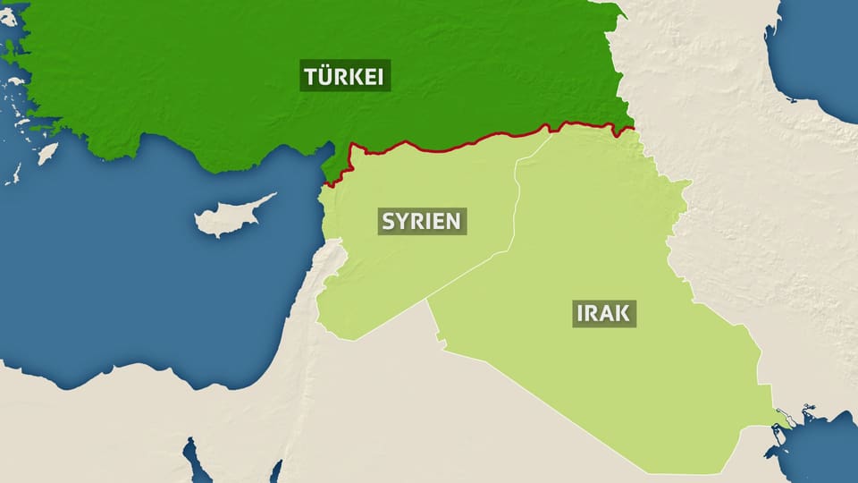 Kartenausschnitt, der die Grenzregion zwischen Türkei, Syrien und des Iraks zeigt.