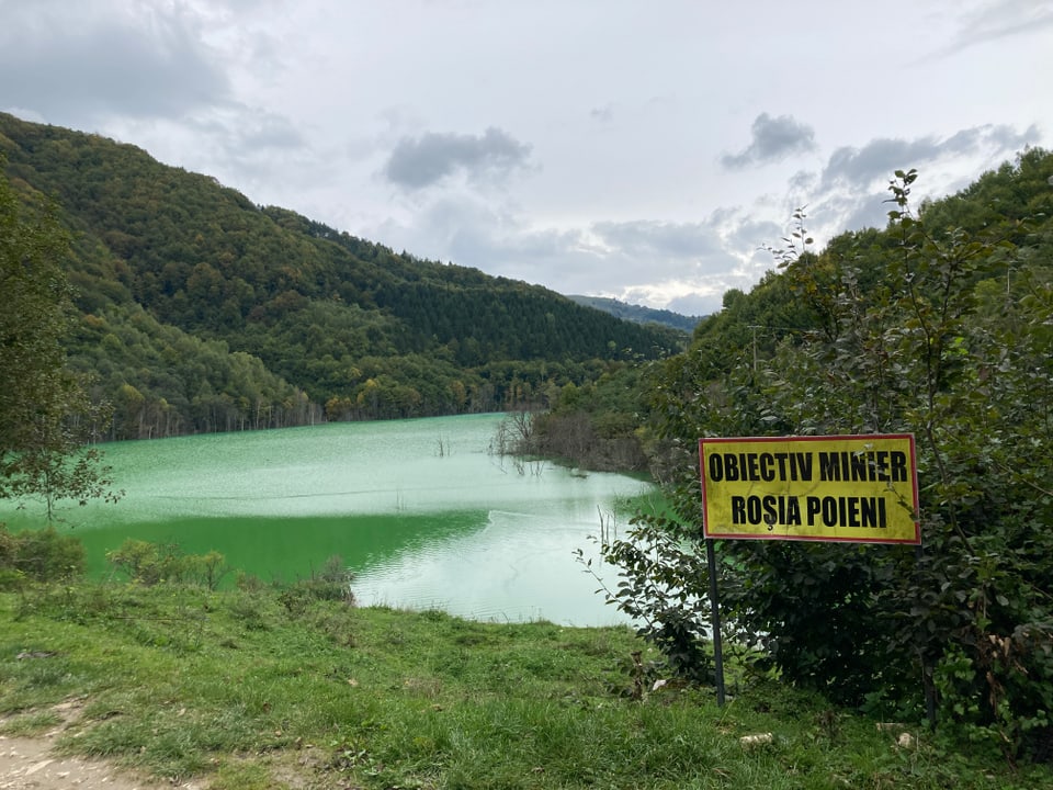 Grüner See, grüne Wiese und grüne Hügel sowie ein gelbes Schild mit Obiectiv Minier Rosia Poini im Vordergrund.