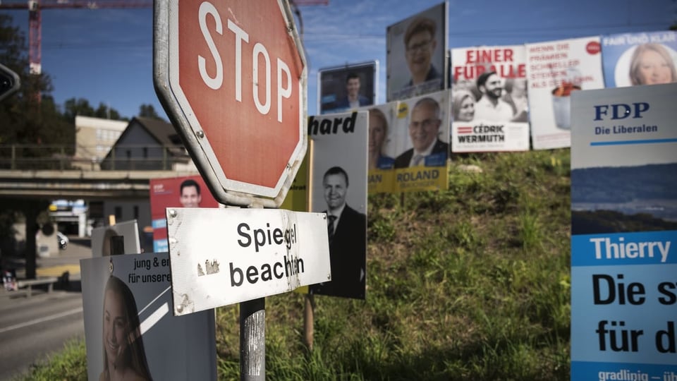 Wahlkampfplakate vor Stop-Schild.