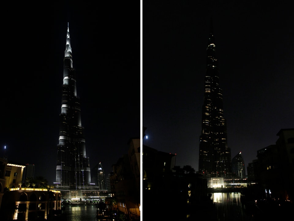 Links ein Bild des Burdsch Chalifas mit Beleuchtung. Rechts ist die Beleuchtung ab. Doch die einzelnen Wohnungen haben noch Licht.