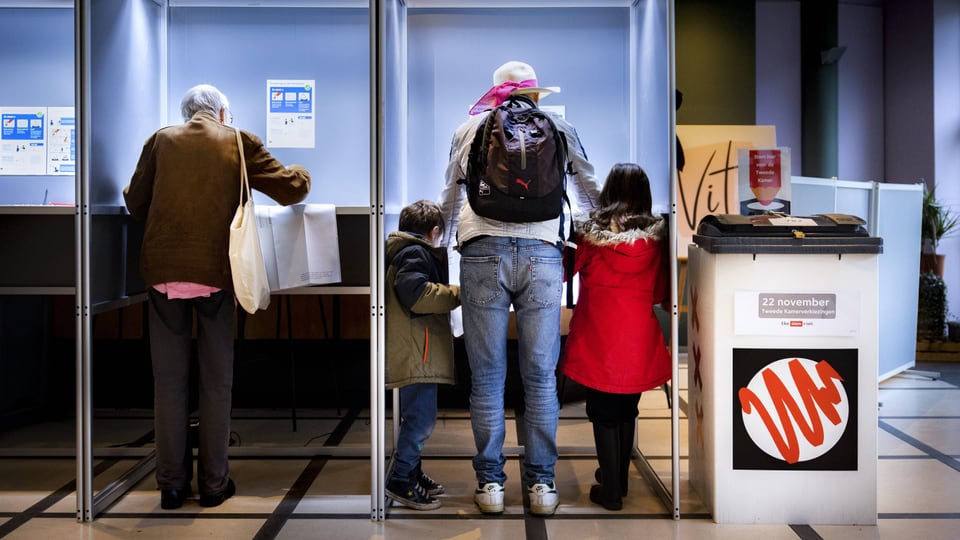 Eine erwachsene Person steht in einem Wahlbüro und wählt. Seine zwei Kinder sind links und rechts nebendran.