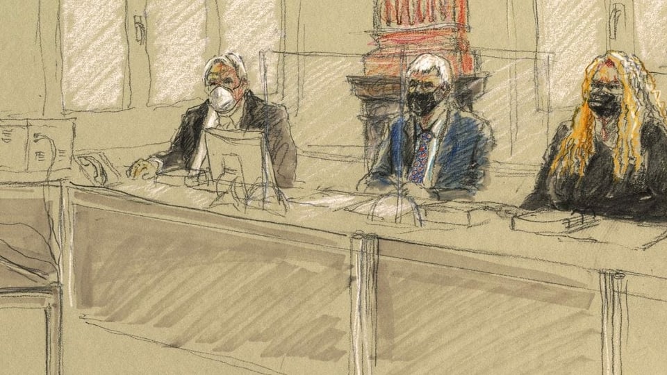 Zeichnung der drei Richterinnen und Richter.
