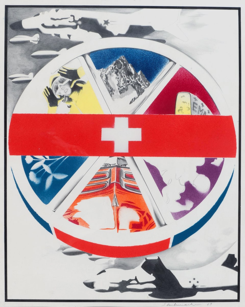 Zeichnung: Streichkäse-Schachtel mit Schweizer Motiven umgeben von Kampfflugzeugen.