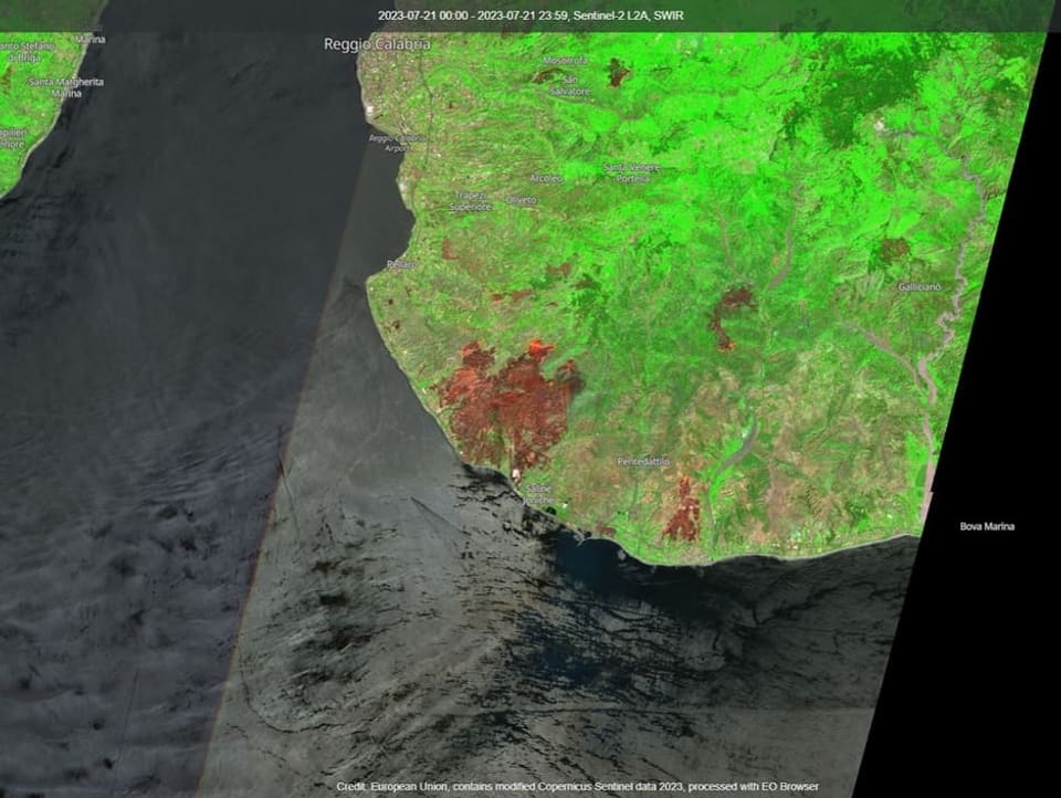 Satellitenbild von Kalabrien nach dem Waldbrand