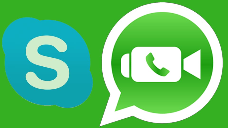 Die Logos von Skype und Whatsapp. Das von Skype leicht grünlich. Statt blau.
