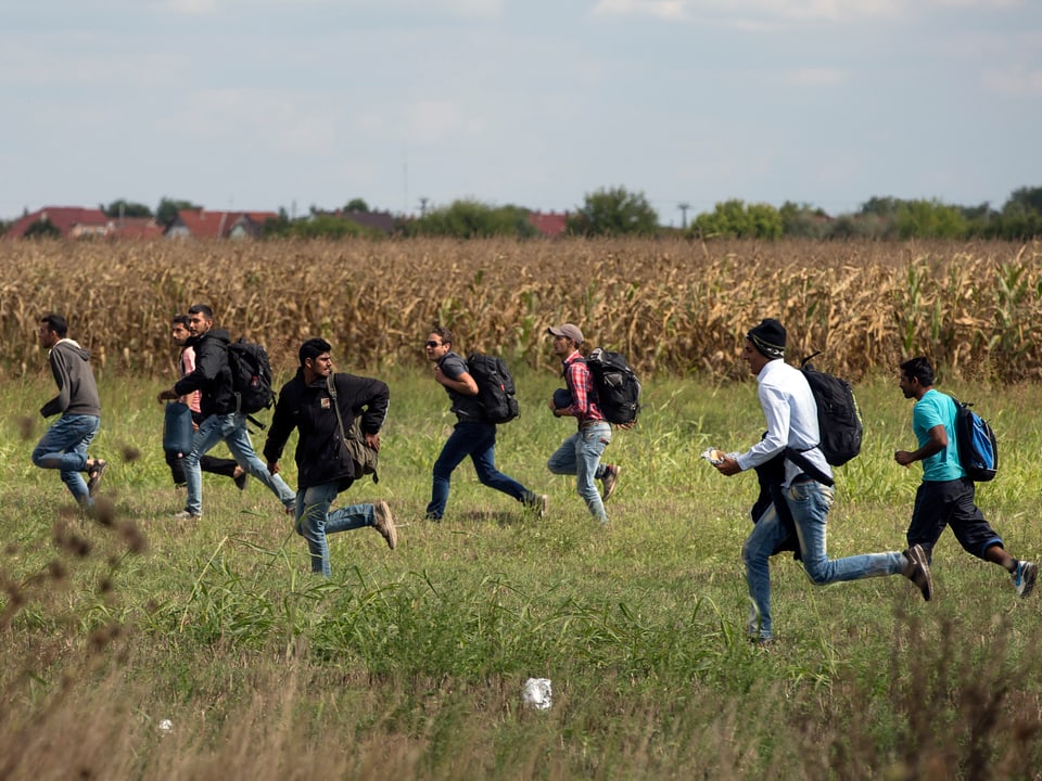 Flüchtlinge rennen über ein Feld