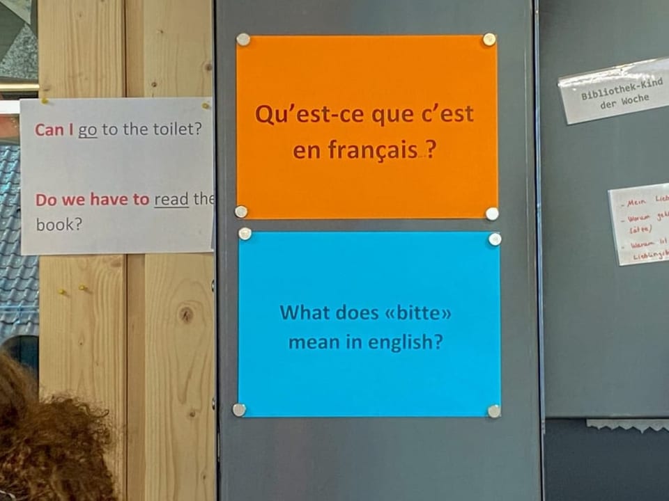 Plakate an der Wand auf denen steht: «Qu'est-ce que c'est en français?» und «What does «bitte» mean in english?».