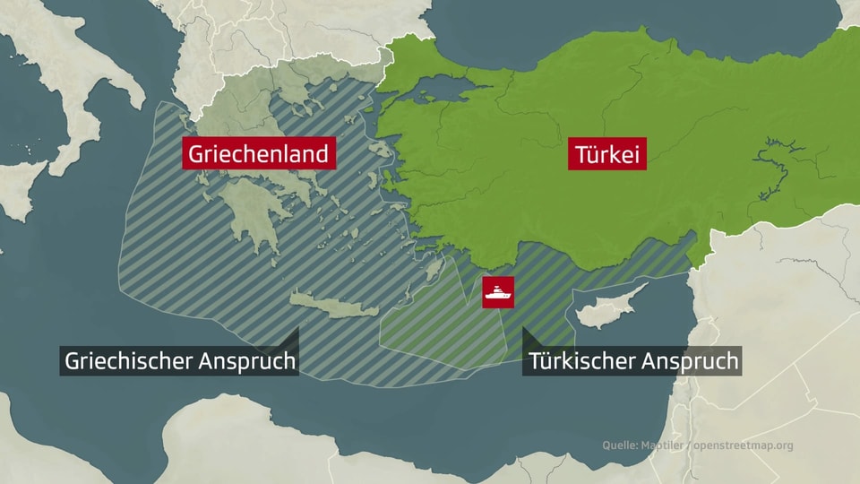 Karte von Griechenland und Türkei, die die beiden Ansprüche zeigen.