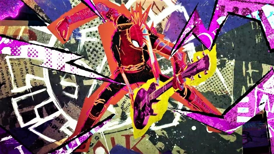 Ein Spider-Man mit Gitarre und