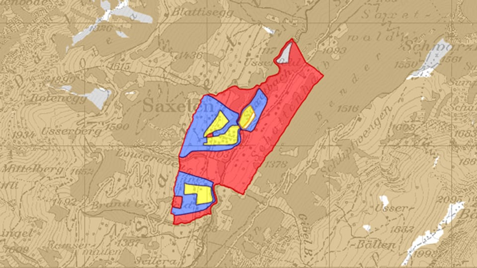 Rote, blaue und gelbe Zonen in einer Karte eingezeichnet.