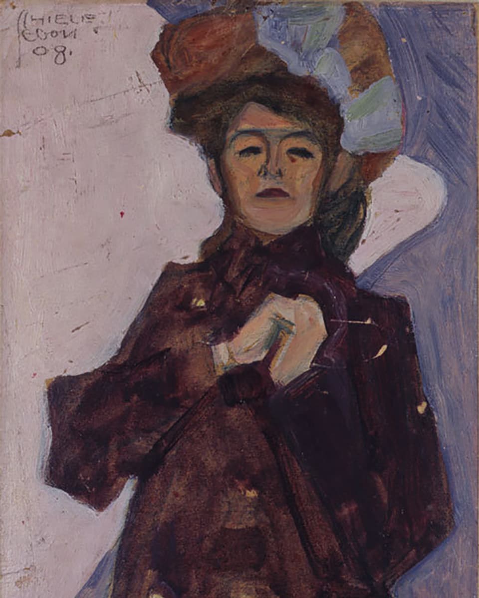Gemälde mit groben Pinselstrichen. Eine junge Frau mit Hut und braunem Mantel. Der Hintergund ist weiss und hellblau.