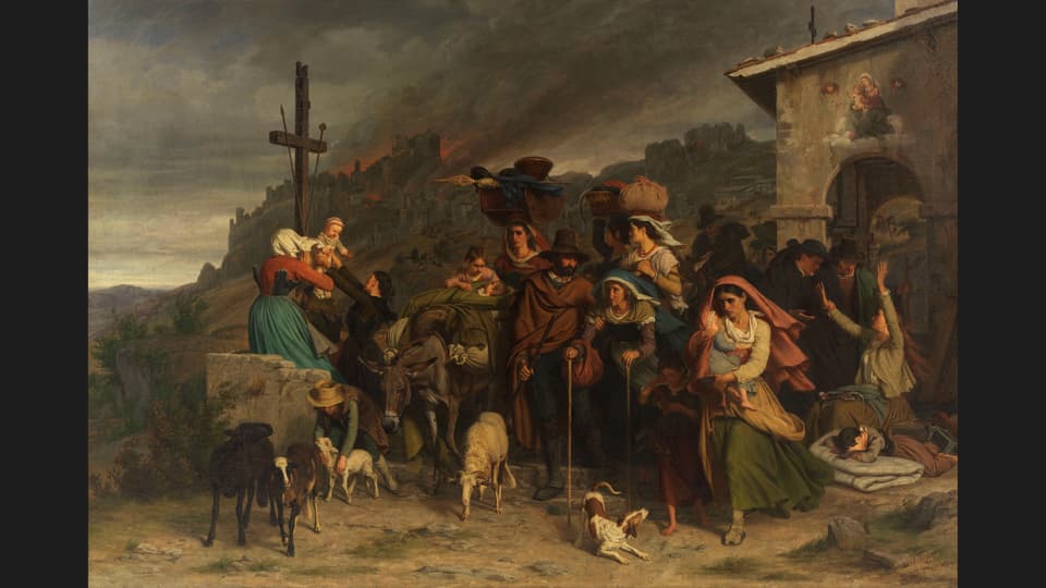 Gemälde von August Weckesser, das Menschen auf der Flucht vor einem Brand zeigt.