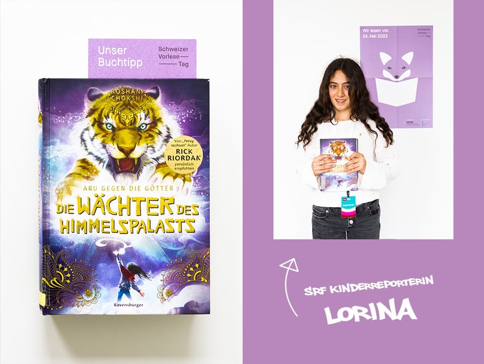 SRF Kinderreporterin Lorina hält ihr Buch «Die Wächter des Himmelpalasts» von Roshani Chokshi fest.