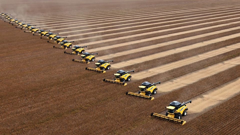 Dutzende Traktore auf einem Feld mit Soja