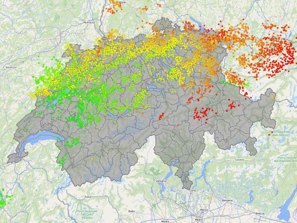 Auf der Schweizkarte sind  tausende Blitztreffer als farbige Punkte dargestellt