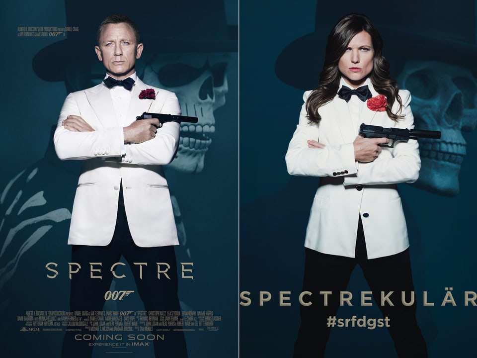 Collage von James Bond-Poster mit Daniel Craig vs. Viola Tami als James Bond.