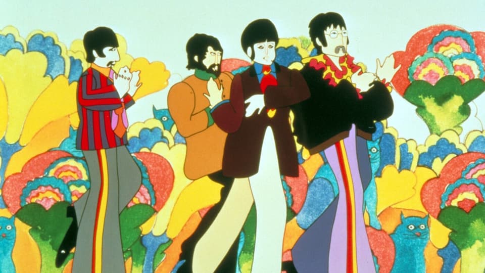 Die vier Beatles sind als Zeichentrickfiguren zu sehen, die in lebendig buntem Setting in einer fiktiven Welt spazieren