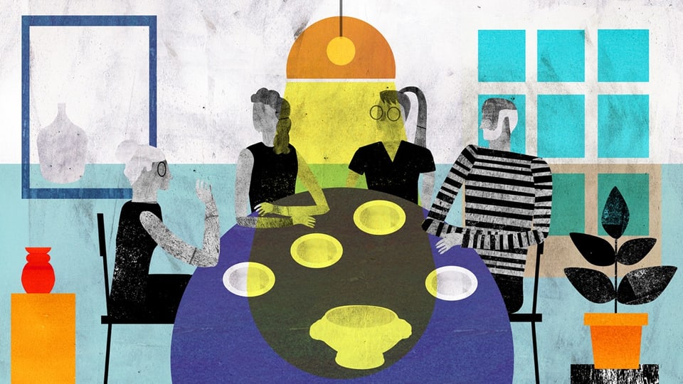 Illustration einer Szene am Esstisch. Vier Personen sitzen beisammen und sprechen miteinander