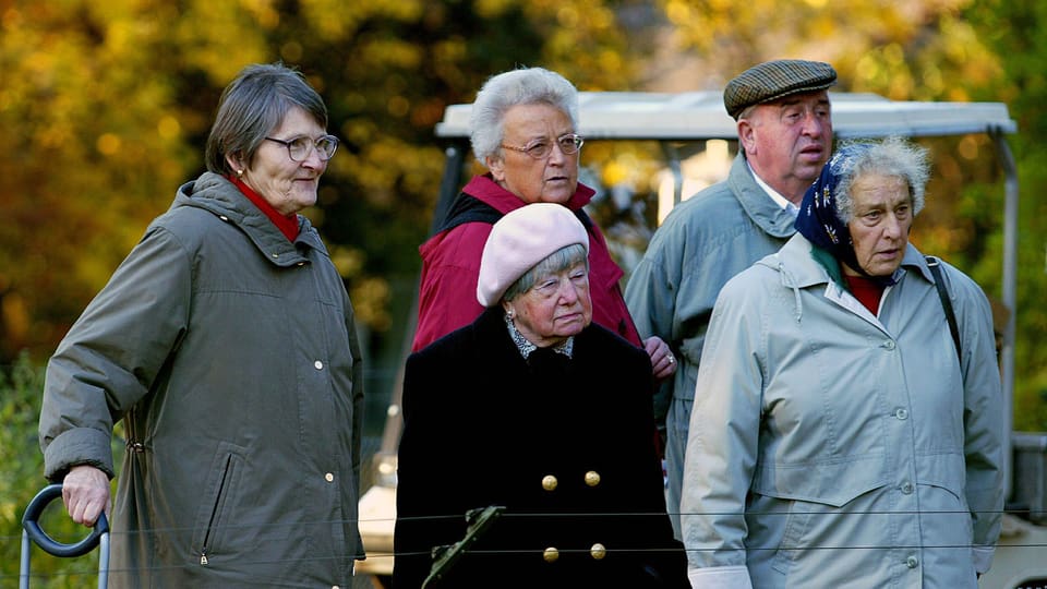 Eine Gruppe Senioren im Freien betrachtet gemeinsam etwas.