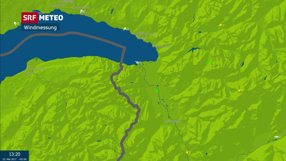 Das Bild zeigt eine Karte mit Messwerten von Montagnachmittag. Auf der Karte sind Windpfeile und Windgeschwindigkeiten abgebildet.
