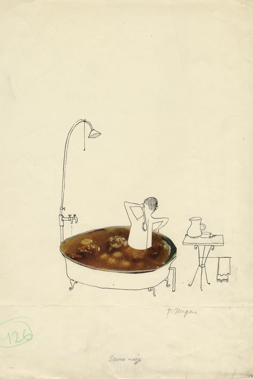 Eine Zeichnung (Tusche und Fotocollage auf Papier) zeigt einen Mann in einer gronden Badewanne, die sich in einer braunen Flüssigkeit wäscht, die an eine Suppe oder auch eine Kloake erinnert.