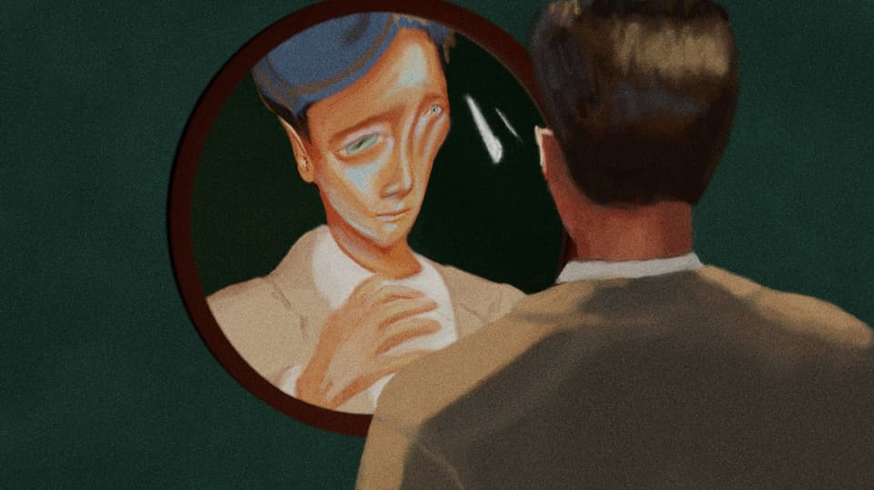 Illustration von einem Mann, der sich im Spiegel verzerrt sieht.
