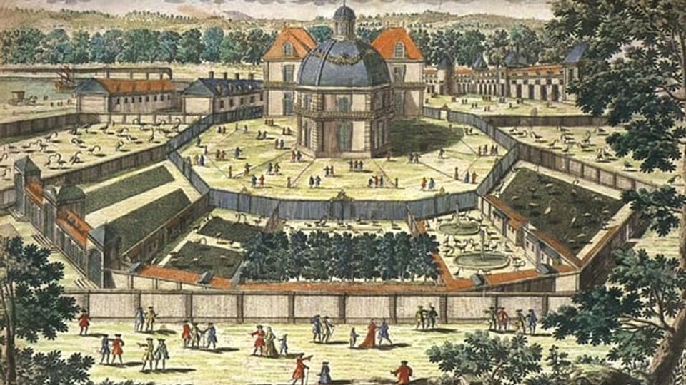 Gemälde einer grossflächigen Sicht auf die Menagerie in Versailles.