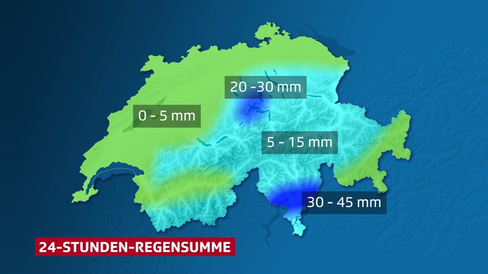 Eine Karte der Schweiz zeigt die Verteilung der Regenmenge der letzten Kaltfront