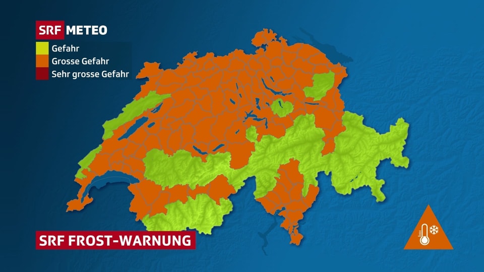 Schweizerkarte, auf der im Flachland im Norden und in den Alpentälern verbreitet vor Frost gewarnt wird, Stufe 2/3 in orange. 