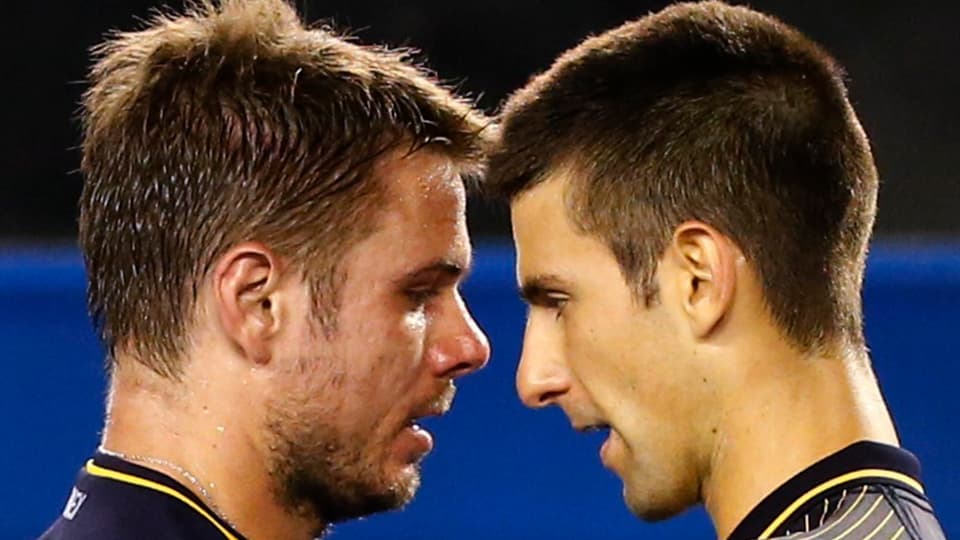 Wawrinka und Djokovic 2013 in der Rod Laver Arena nach dem Achtelfinal 2013.