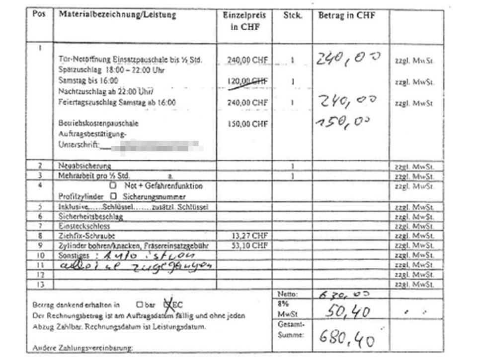 Ausschnitt aus einem Rechnungsformular von Hand ausgefüllt.