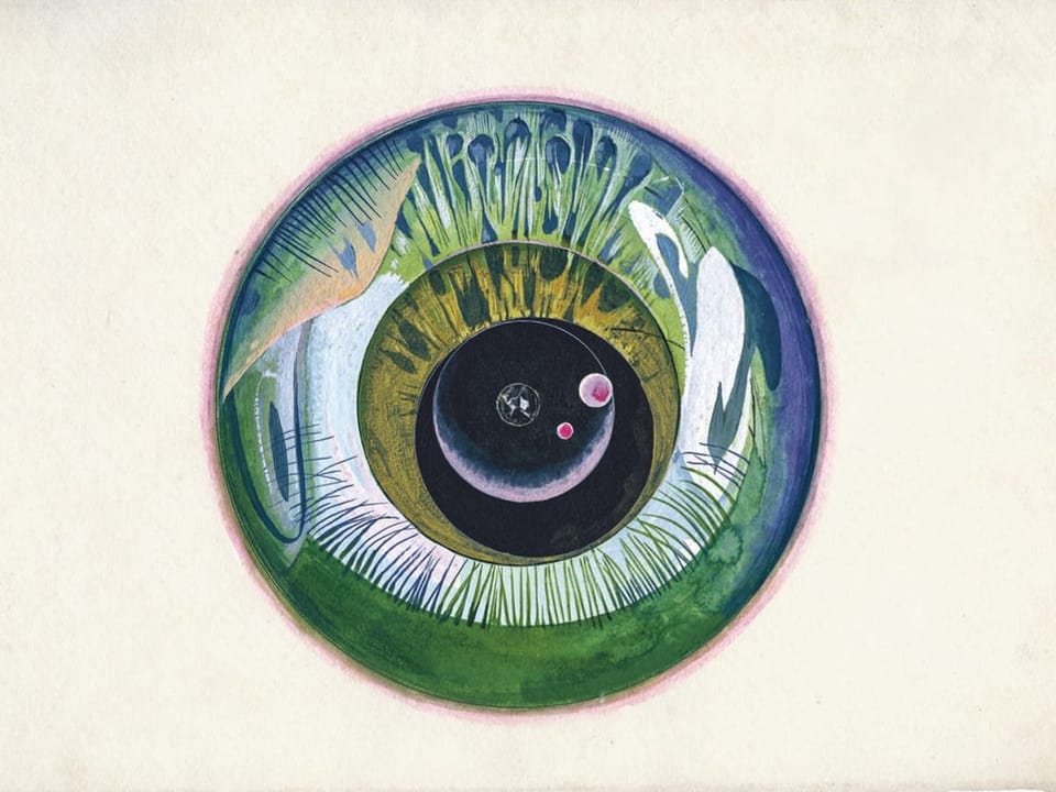 Ein gemaltes Auge, Farben Grün, Blau, Braun, im Auge sind Landschaften zu sehen.