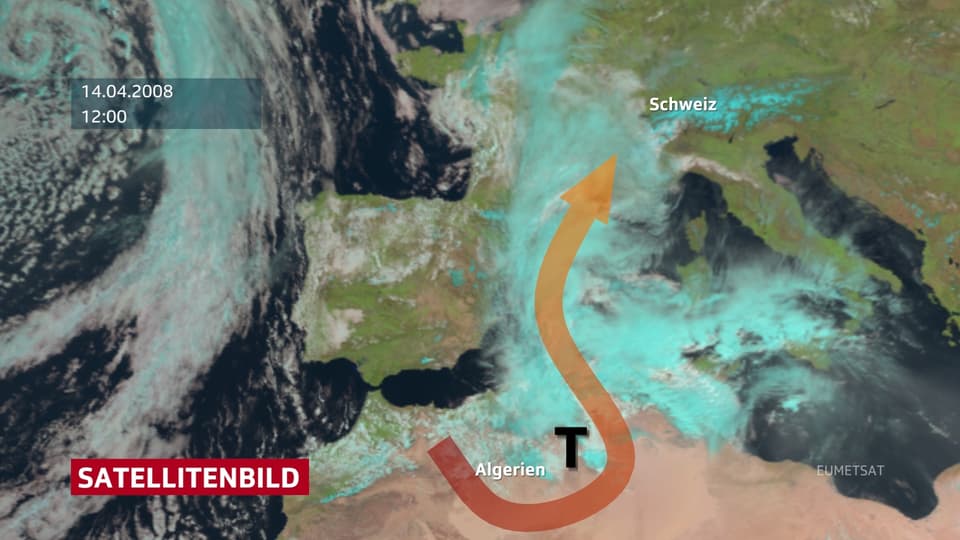 Satellitenbild von Europa. Man sieht ein Tief bei Nordafrika, welches Sahara-Staub mit der Höhenströung über die Balearen bis zu den Alpen transportiert.