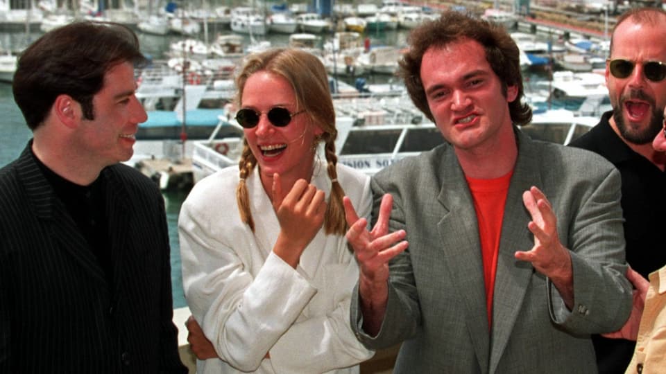 John Travolta, Uma Thurman, Quentin Tarantino und Bruce Willis auf dem Filmfestival von Cannes 1994.