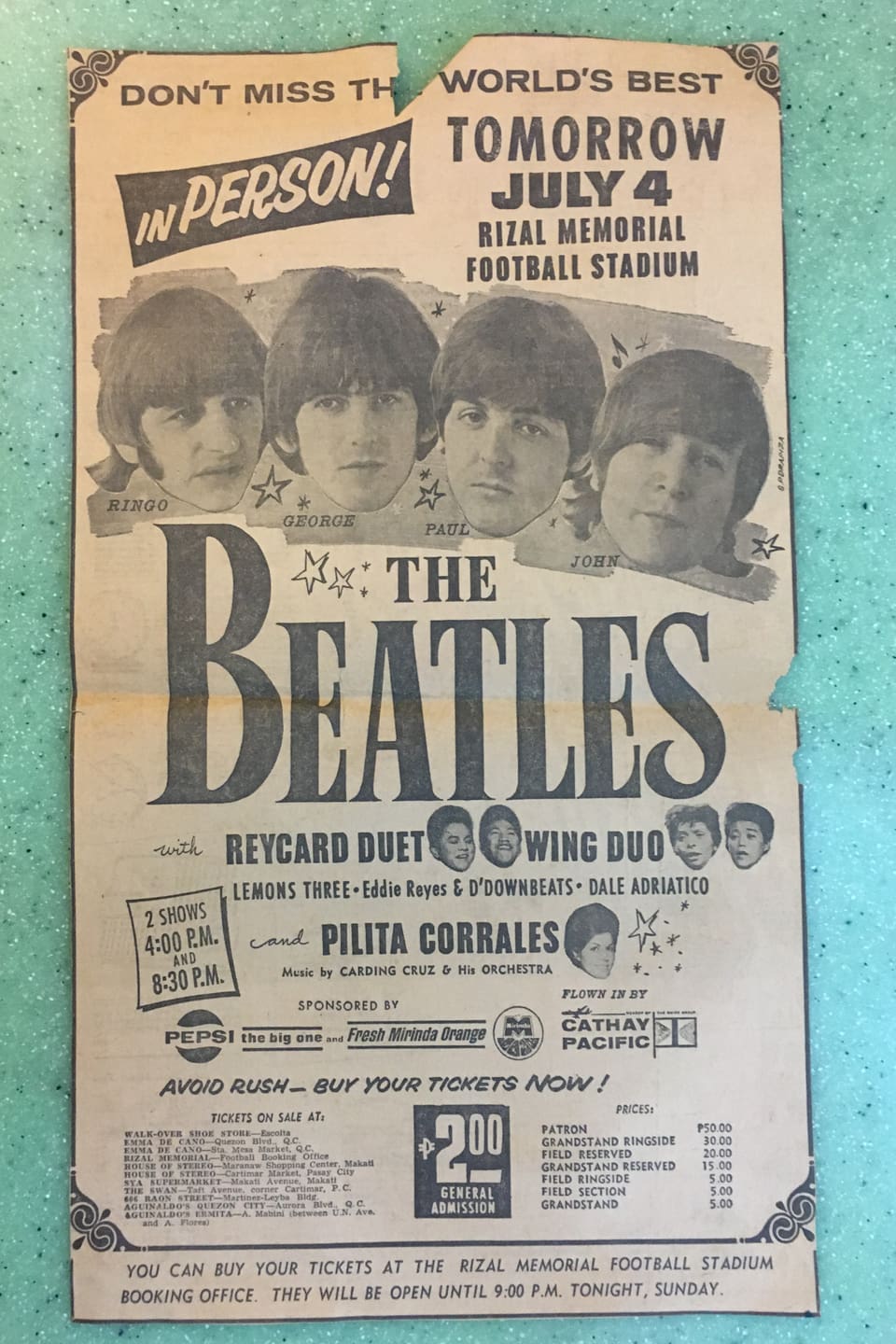 Plakat für die beiden Manila-Konzerte der Beatles vom 4. Juli 1966.