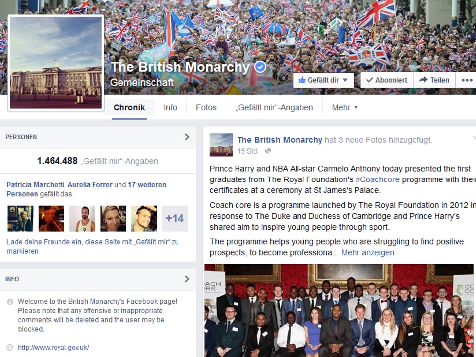 Screenshot der Facebook-Seite des britischen Königshauses.