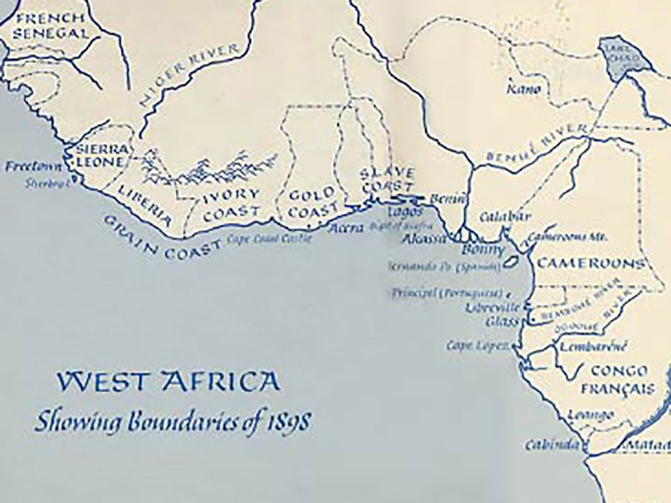 Eine Karte von Westafrika mit den Grenzen von 1898.