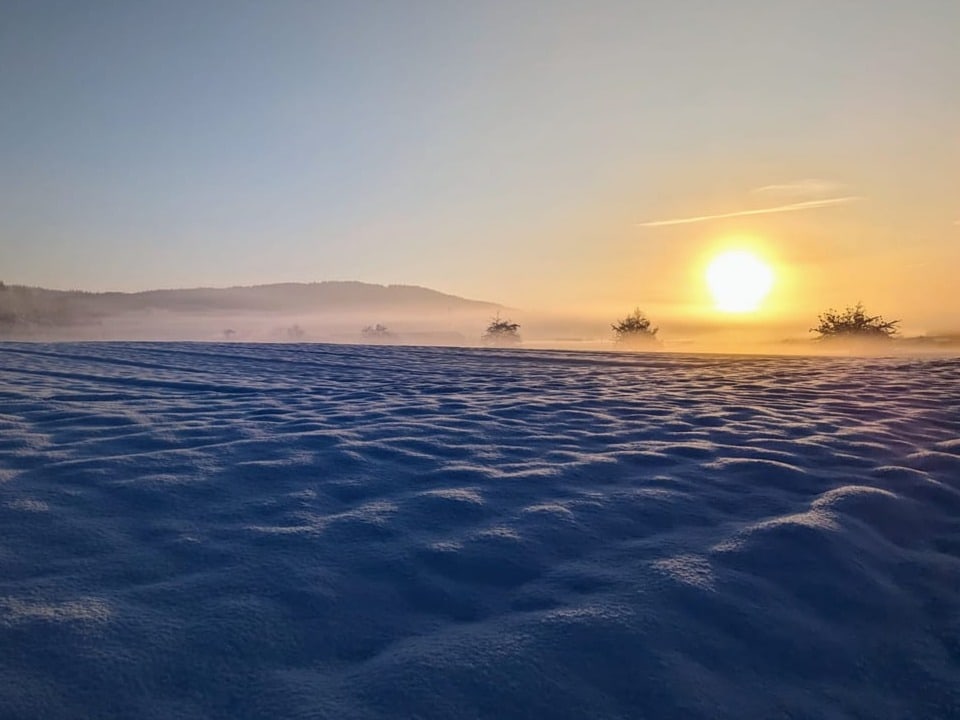 Sonnenaufgang über flacher Schneelandschaft mit etwas Nebel. 