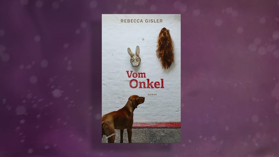 Book cover: A dog stands in front of a wall with a rabbit mask on it.