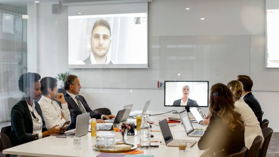 Sechs Personen sitzen um einen Sitzungstisch, zwei sind per Videocall dabei.