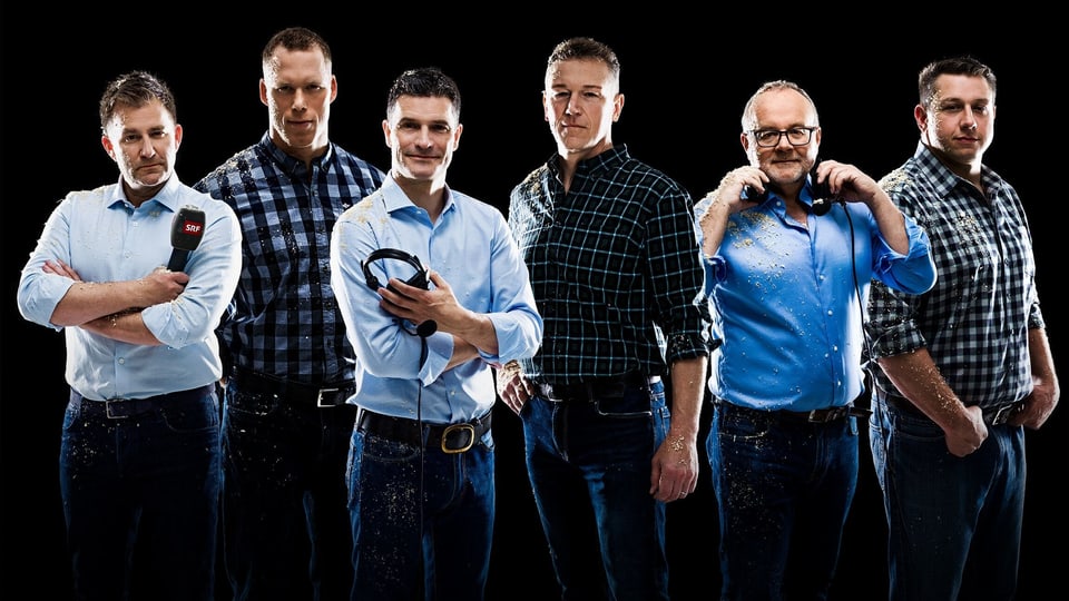 Sascha Ruefer, Matthias Sempach, Stefan Hofmänner, Adrian Käser, Marcel Melcher und Jörg Abderhalden auf einem Gruppenfoto.