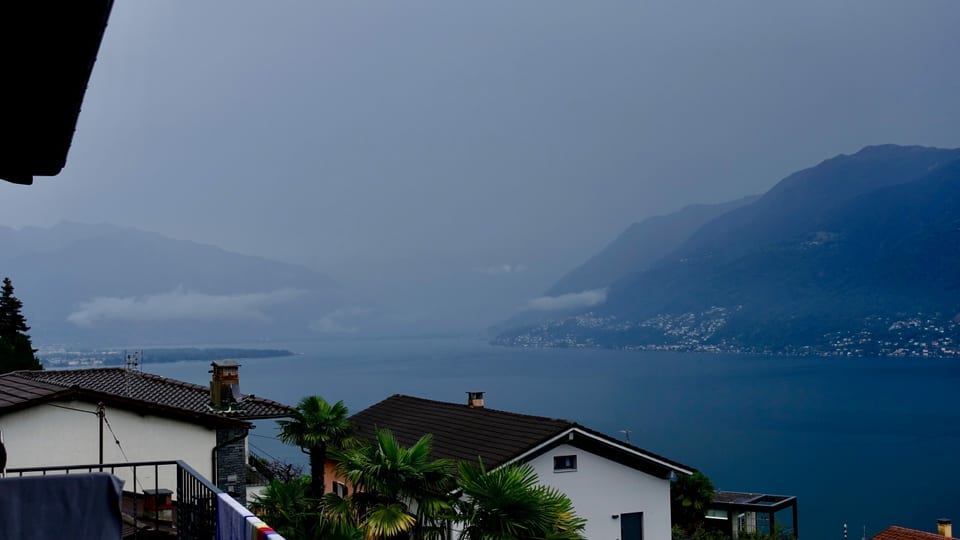 Blick von Brissago über den trüben Lago Maggiore Richtung Bellinzona.