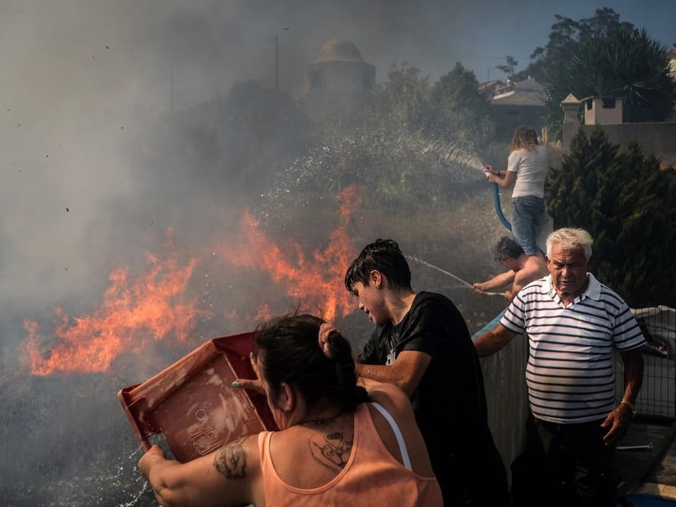 In einem Aussenbezirk von Lissabon versuchen Einwohner am 10. Juli, einen Waldbrand zu bändigen.