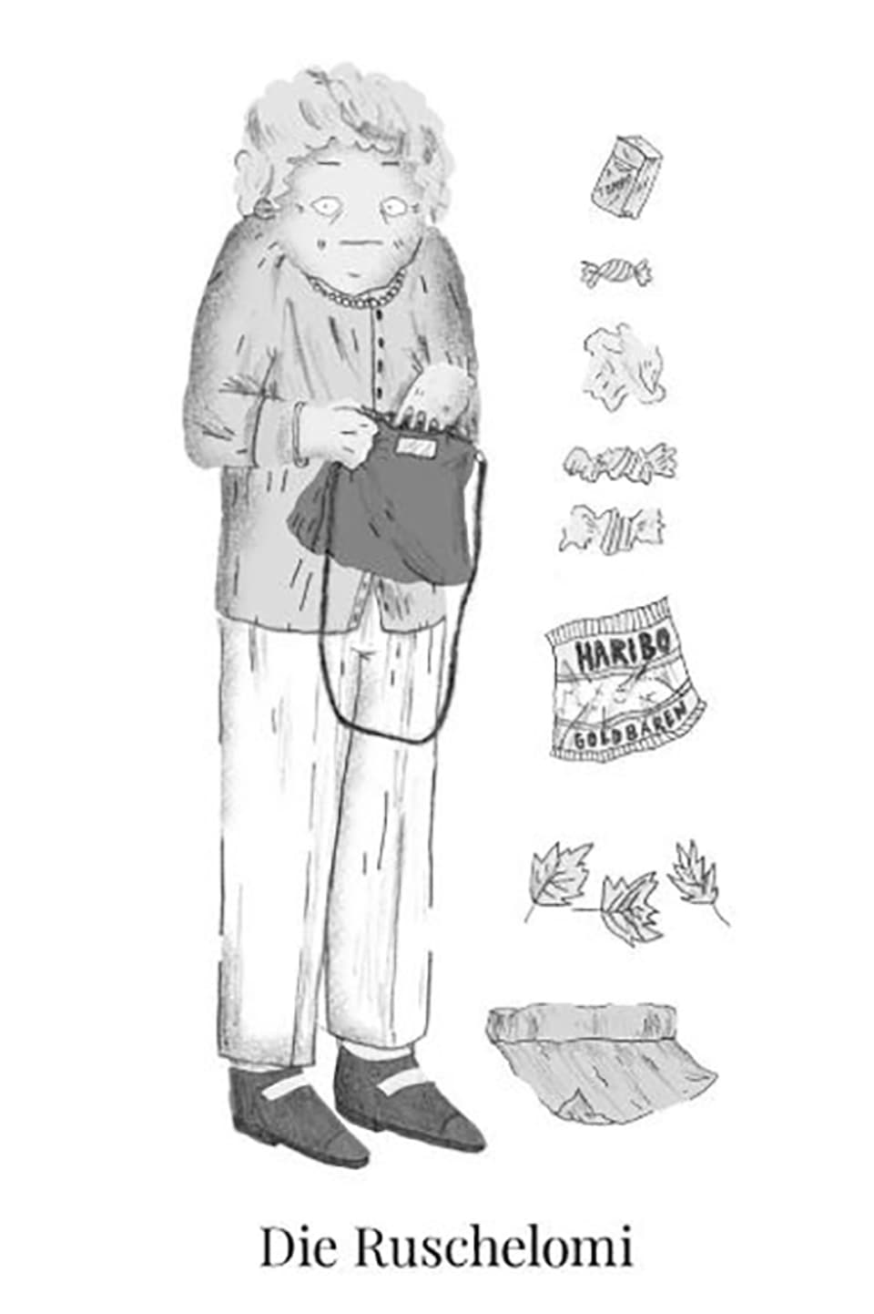 Zeichnung einer älteren Frau, die von Bonbonpapieren umgeben ist.