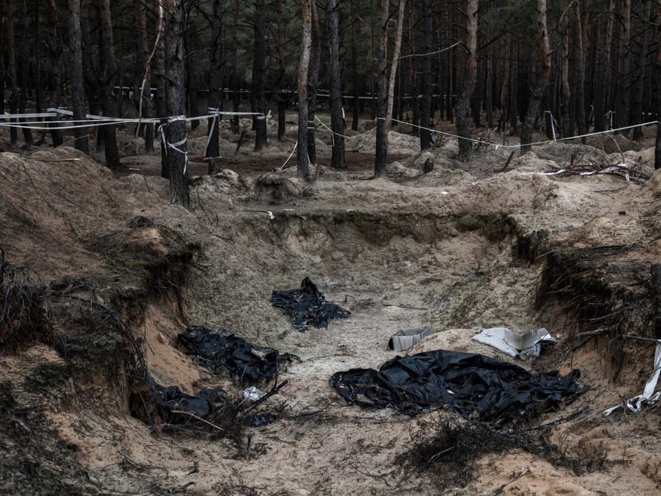 IN einem Waldstück ist eine Grube ausgegraben und mit Sperrband abgesperrt. In der Grube liegen schwarze Plastiksäcke.
