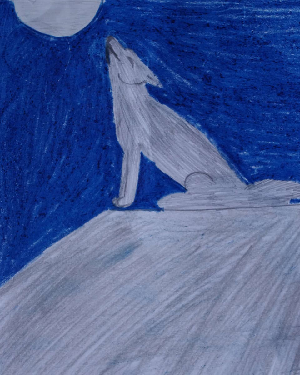 Auf dieser Kinderzeichnung sitzt der Wolf auf einem Hügel und heult den Mond an. 