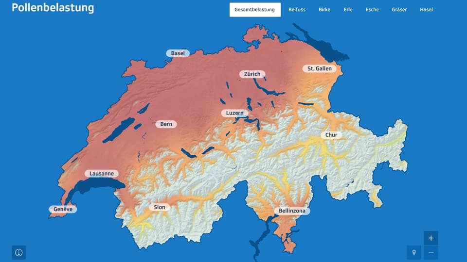 Schweizer Landkarte, die je nach Pollenbelastung stärker eingefärbt ist.