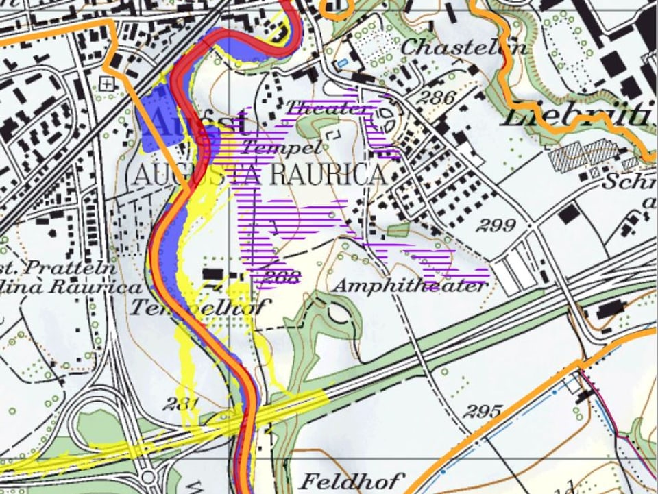 Naturgefahrenkarte Baselland, Ausschnitt Augst
