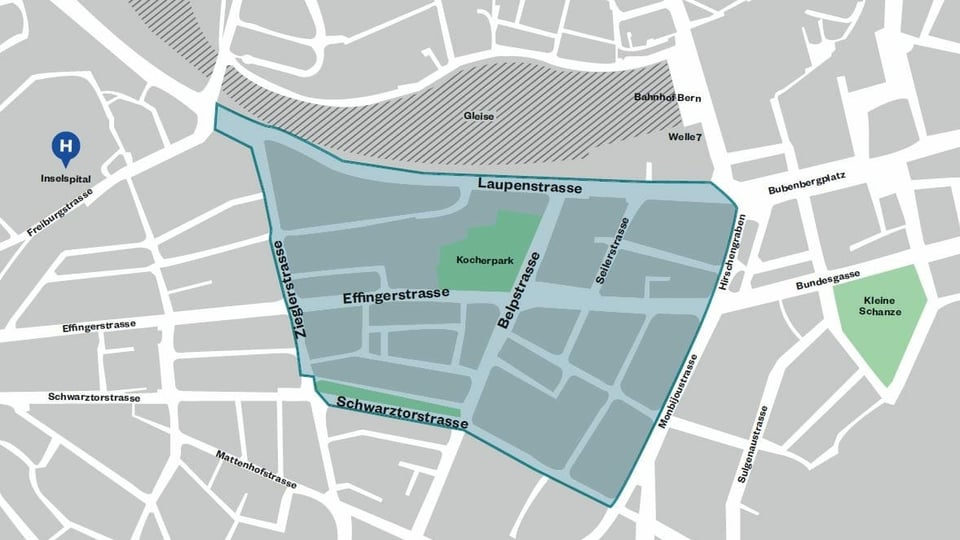 Ein Plan des Gebiets, dass in der Stadt Bern 2019 für einen Tag autofrei war.